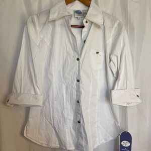 DG2 Diane Gilman Women’s Fitted White Button Down 3/4 Sleeves NWT Size Small